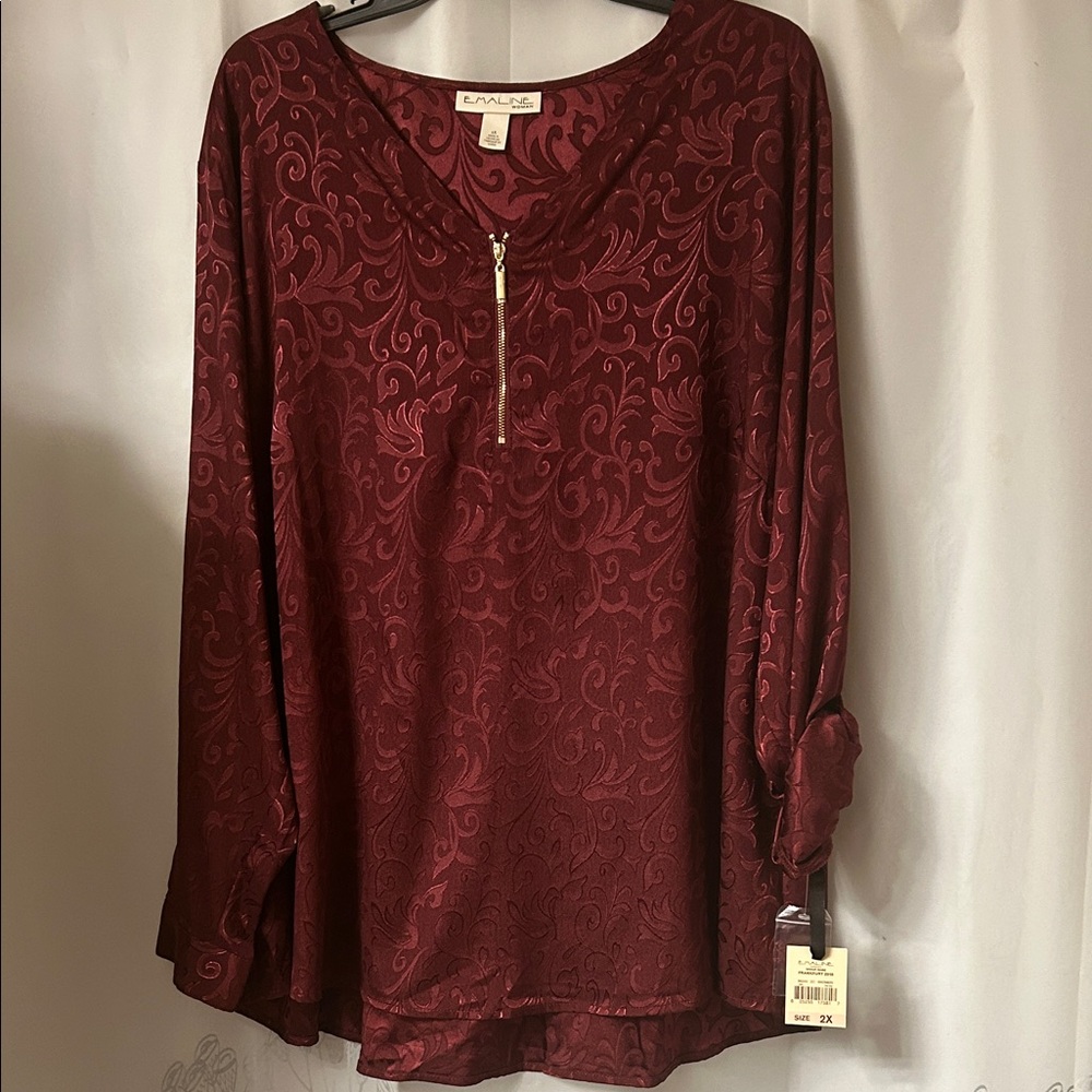 Emaline woman new polyester Burgundy Patterned Blouse with‎ Zip Detail. Size 2x - Picture 2 of 14